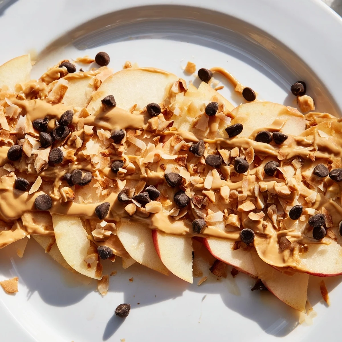 Vibrant Peanut Butter Apple Nachos served on a platter, showcasing creamy peanut butter and crunchy nuts.