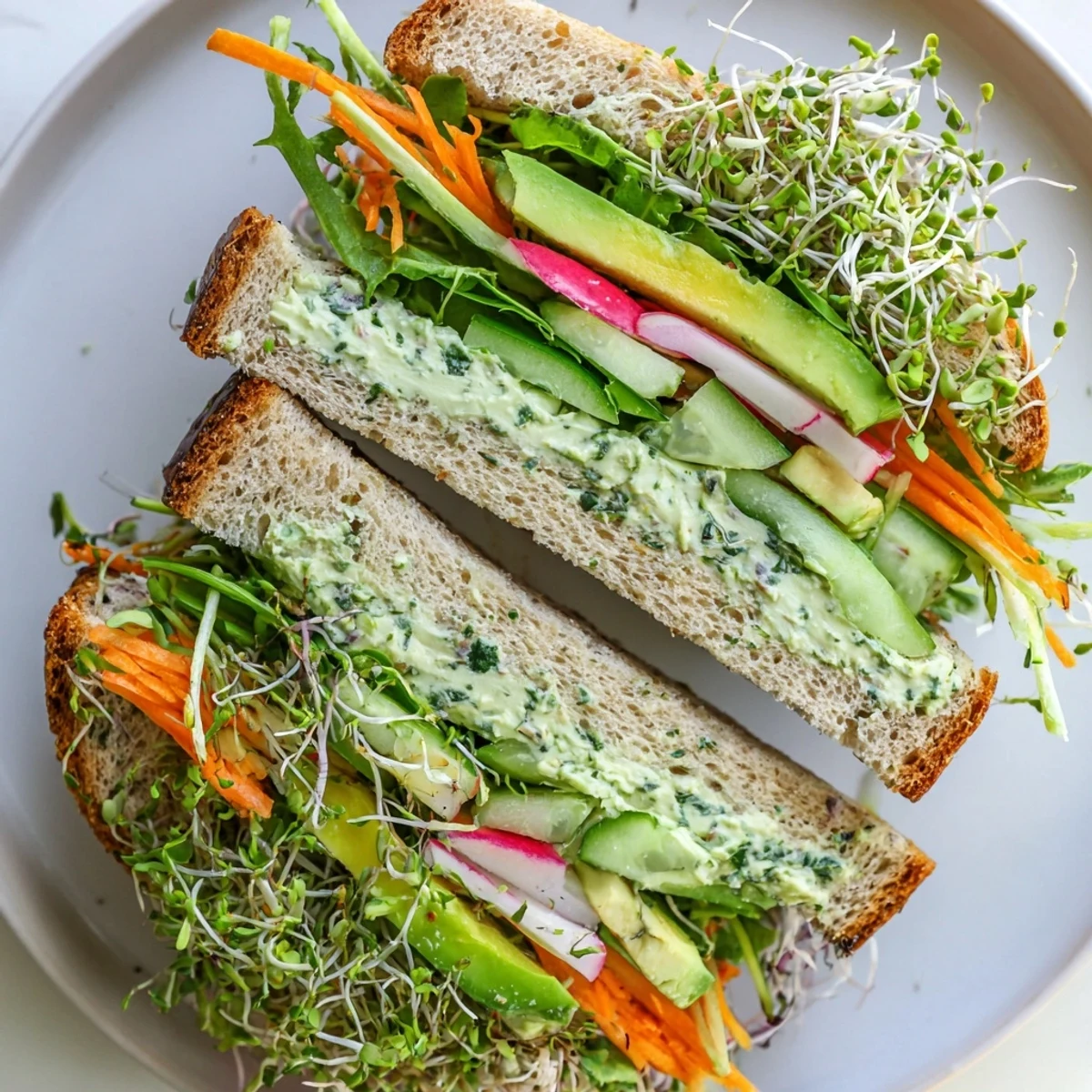 Vibrant Green Goddess Sandwich, layered with fresh veggies and creamy spread, ready to enjoy.