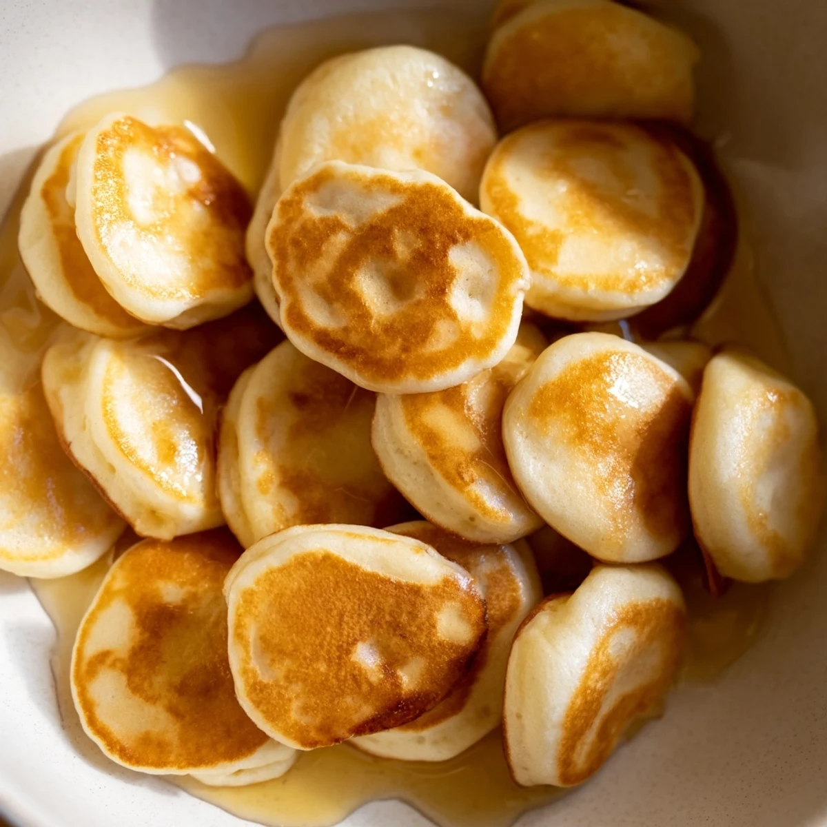 Golden-brown fluffy pancake cereal, miniature breakfast treats drizzled with sweet maple syrup.