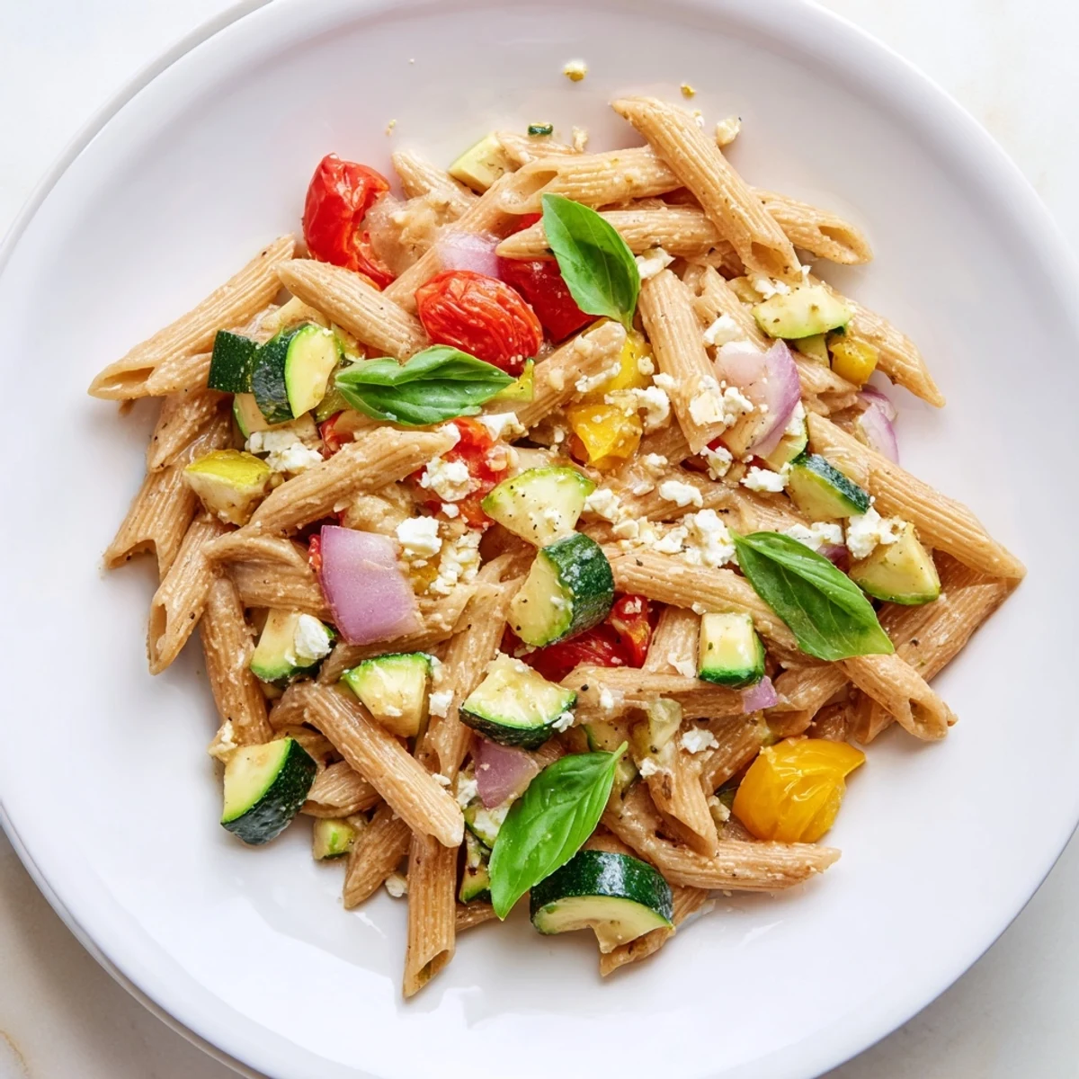 Creamy baked feta cheese melting around colorful vegetables in this comforting Baked Feta Pasta 2.0.