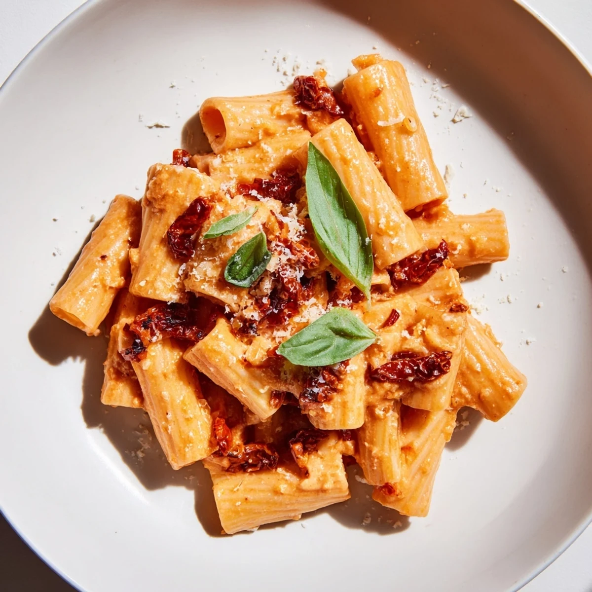 Creamy Sun-Dried Tomato Pasta, perfectly coated in a rich sauce, garnished with fresh basil.