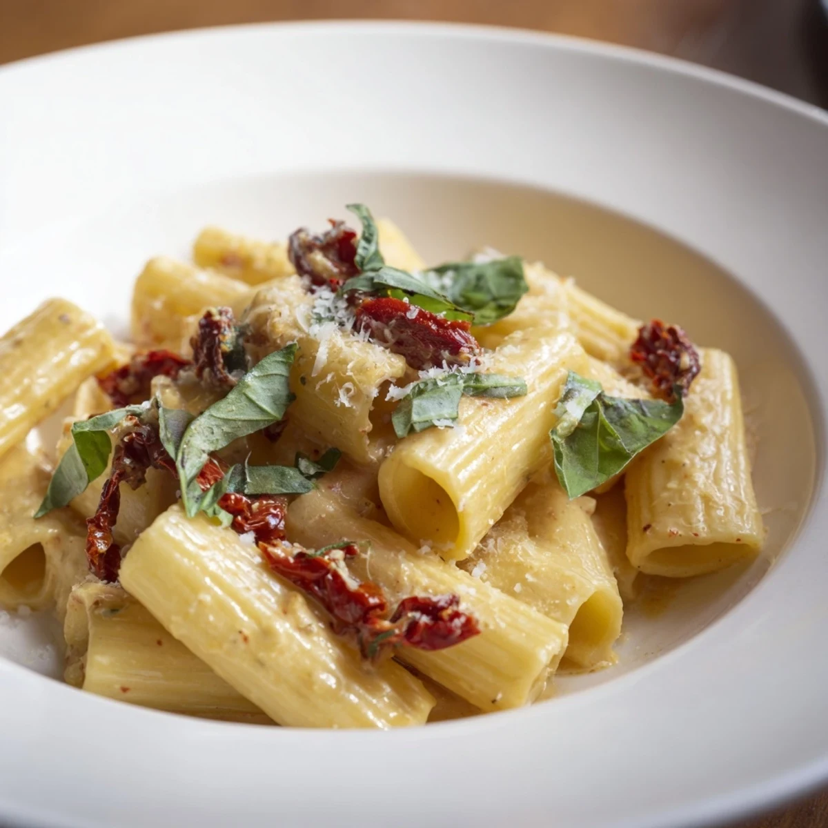 A vibrant bowl of Creamy Sun-Dried Tomato Pasta showcasing glistening noodles and flavorful Parmesan.