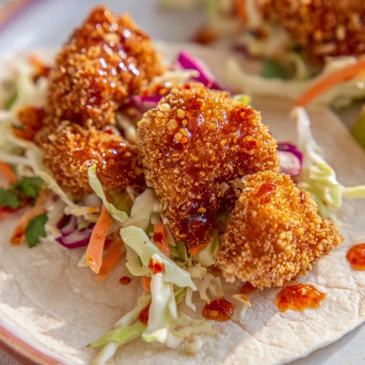 Enjoy flavorful Hot Honey Chicken Tacos with a vibrant, creamy slaw and a squeeze of lime.