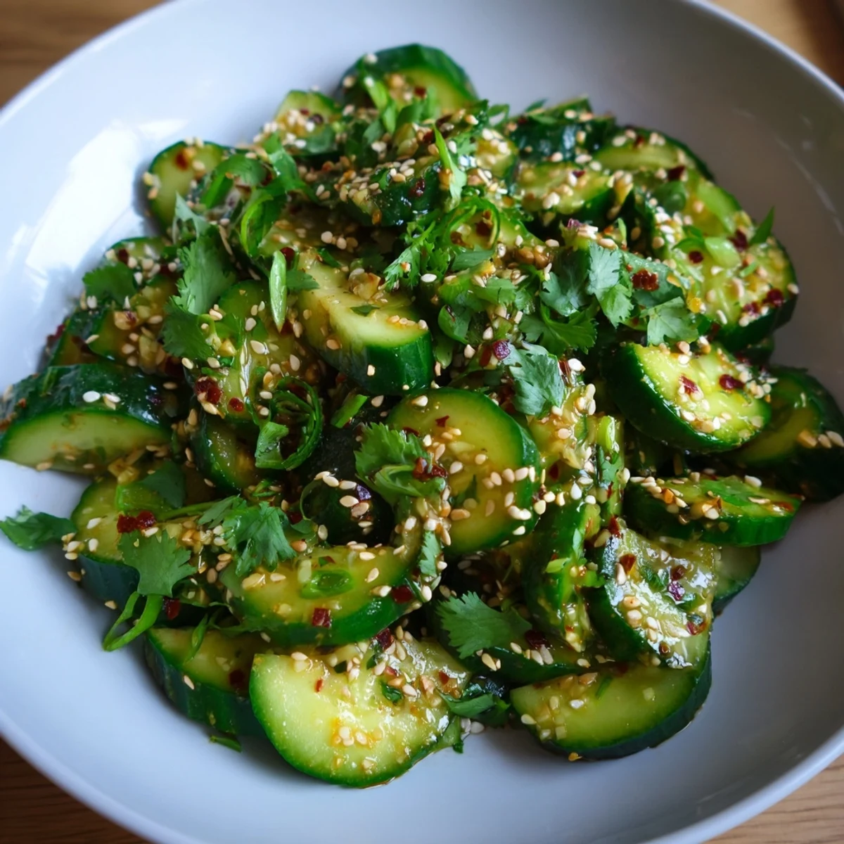 Crisp Zesty Shake Cucumber Salad, a vibrant mix with glistening cucumbers and sesame seeds ready to eat.