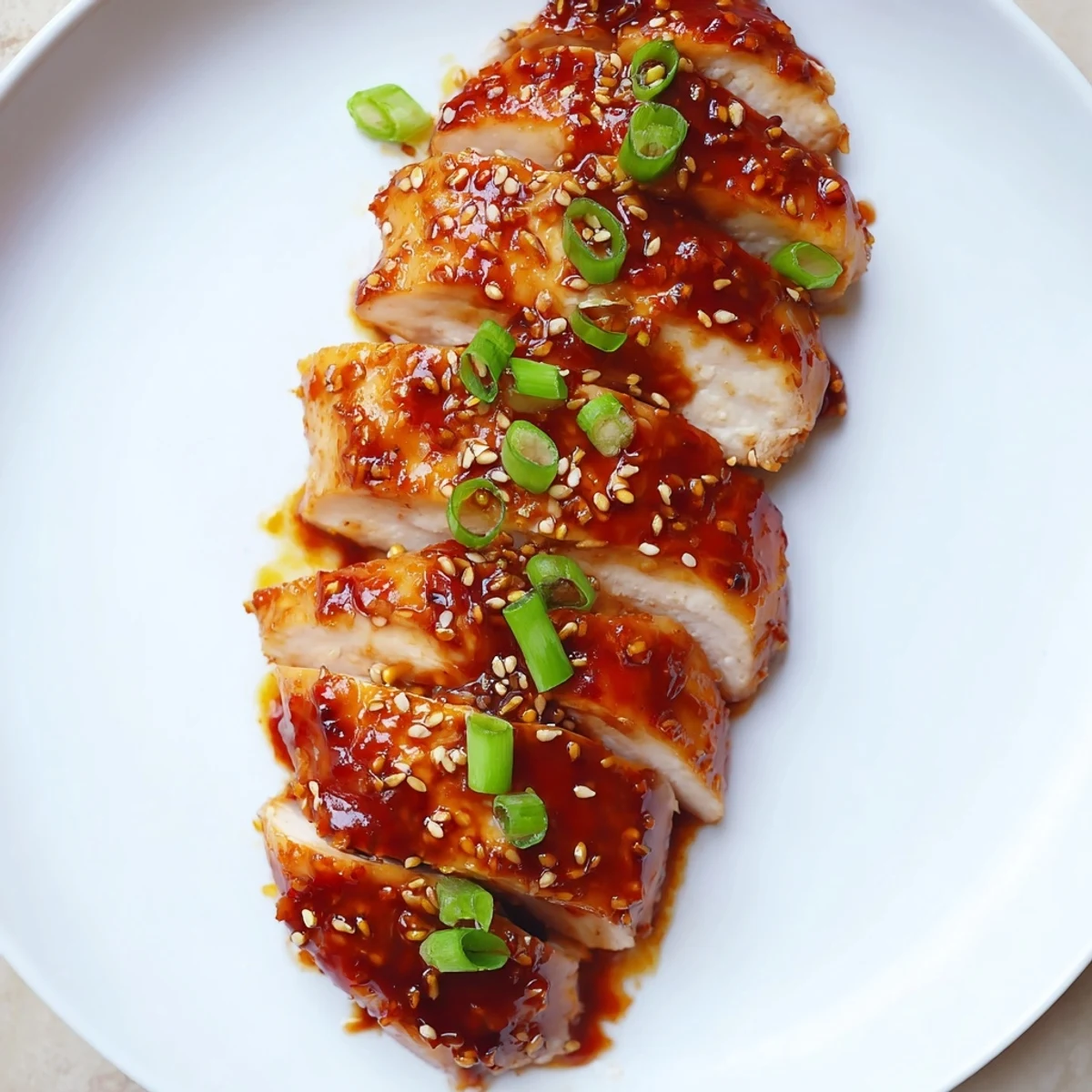 Garnished Sweet and Spicy Sriracha Honey Chicken, served with sesame seeds and green onions for extra flavor.