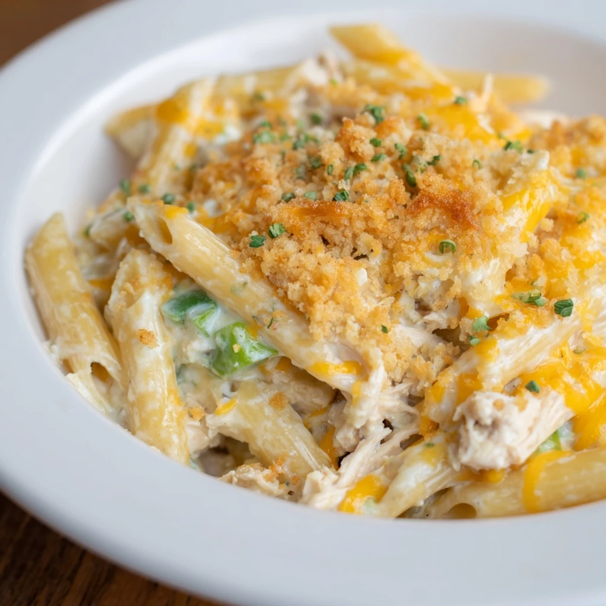 Creamy Jalapeño Popper Chicken Pasta, bubbling hot with golden breadcrumbs and cheese.