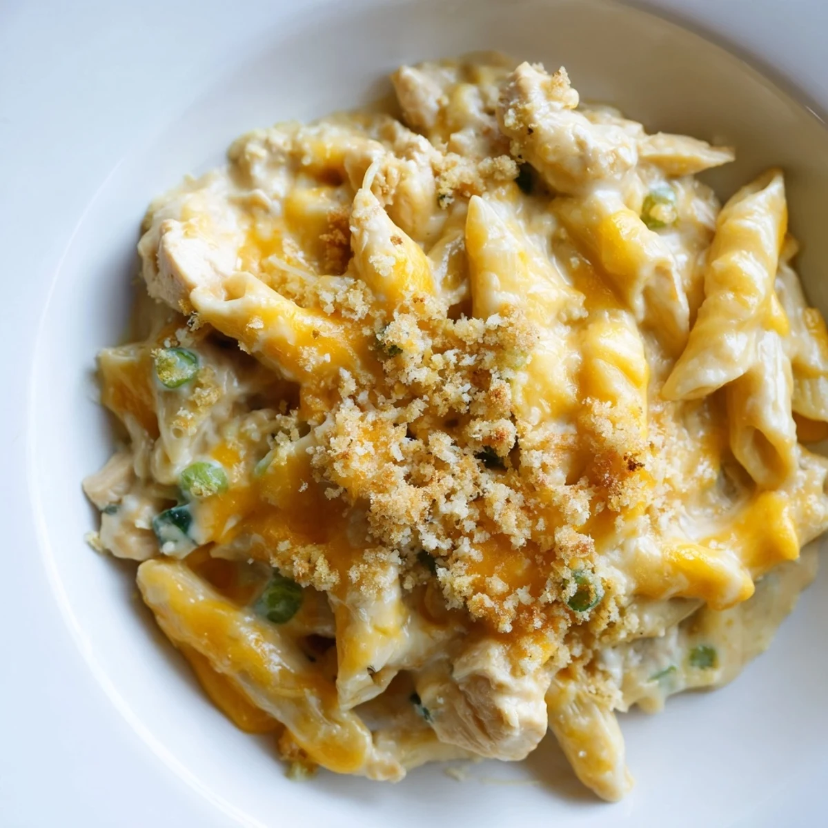 A tempting bowl of Jalapeño Popper Chicken Pasta, with visible chicken and pepper pieces.