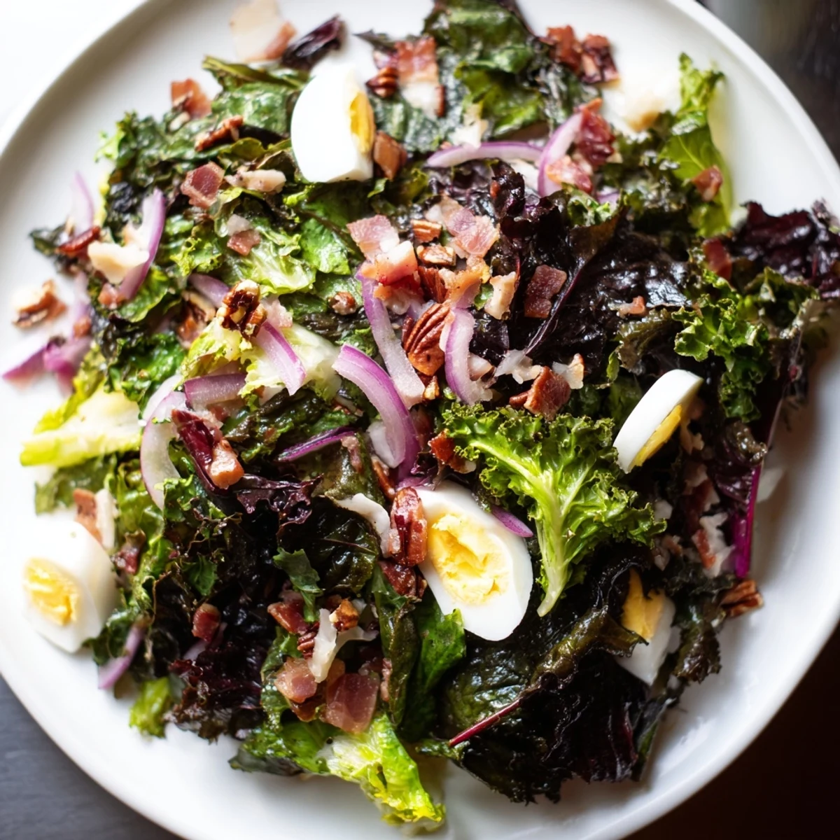 Crispy bacon topping a fresh Bitter Greens Salad with Warm Bacon Dressing, a perfect lunch.