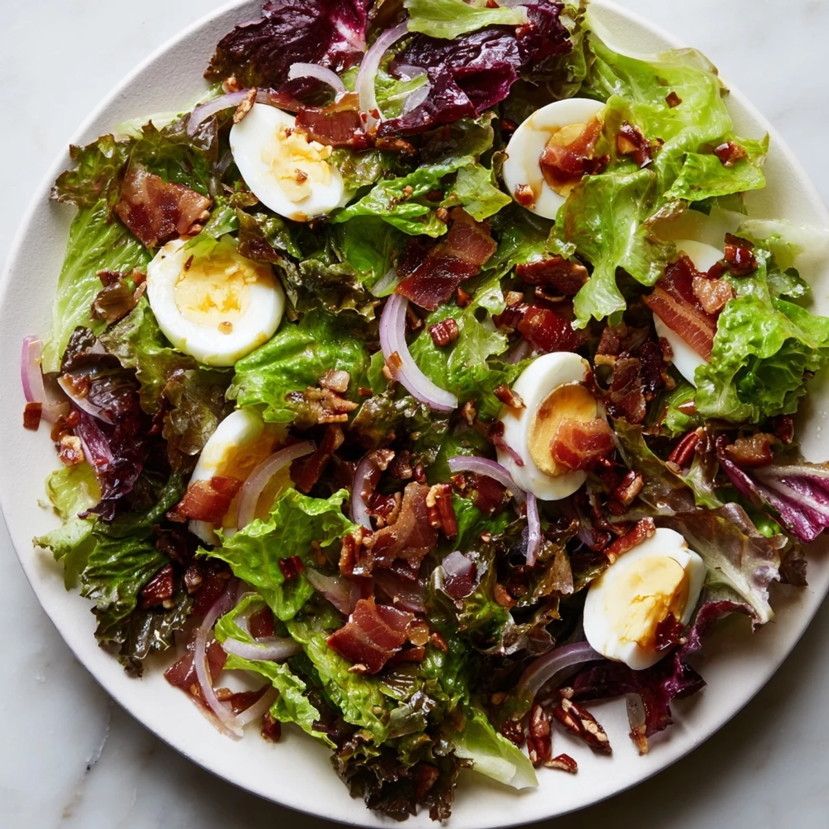 Served warm, this vibrant Bitter Greens Salad with Warm Bacon Dressing features wilted greens and bacon.