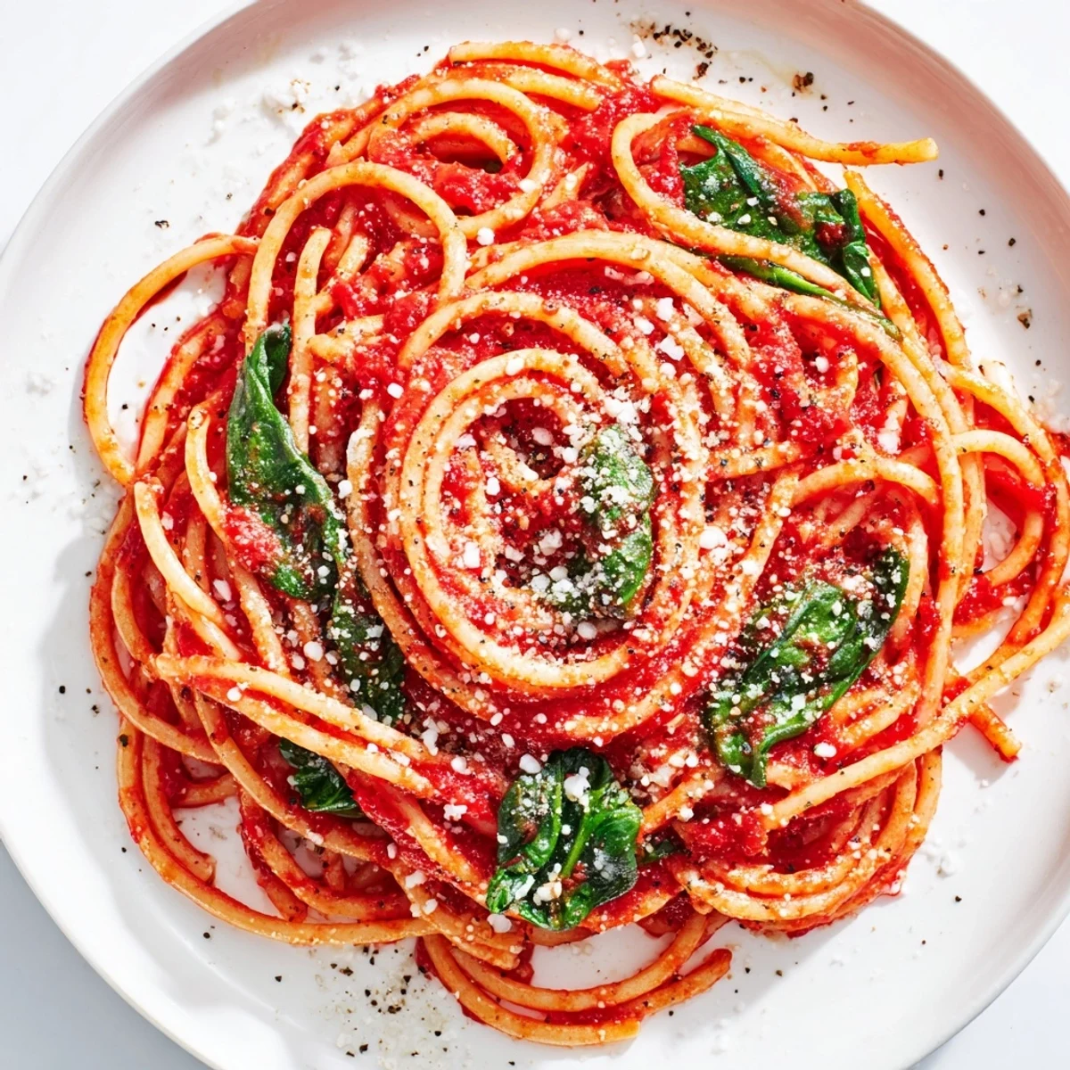 Quick Marinara Pasta with Spinach served in a bowl, steam rising from the flavorful, vibrant tomato sauce.