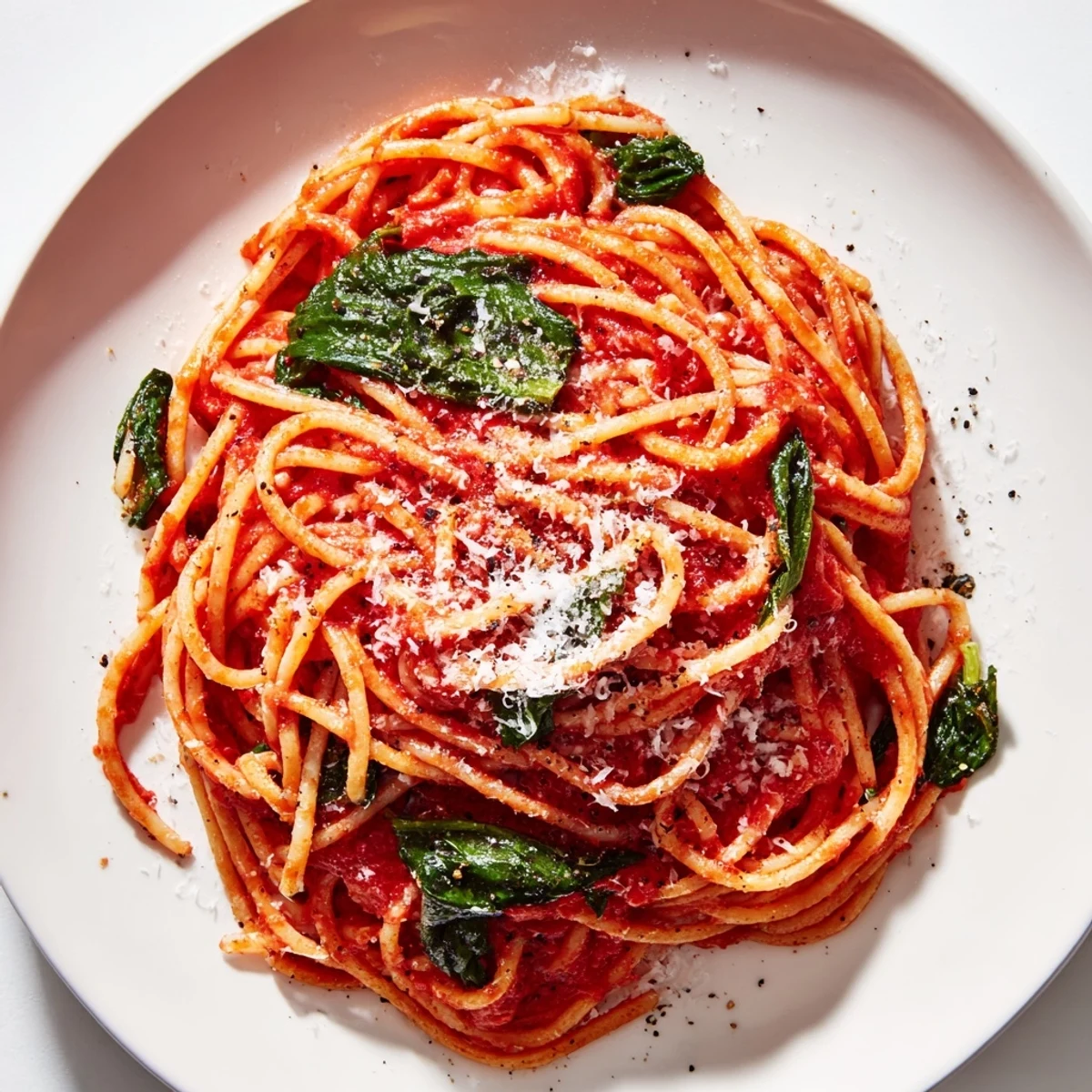 A close-up shot of Quick Marinara Pasta with Spinach showcasing tender spinach in the rich, delicious sauce.