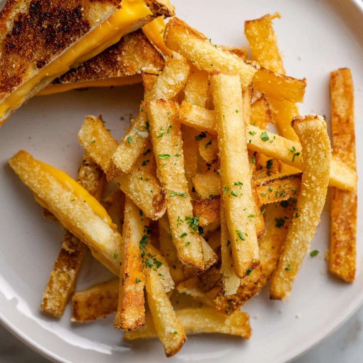 Golden, ultra-crispy beef tallow French fries alongside a gooey cheese grilled sandwich for the perfect comfort meal.