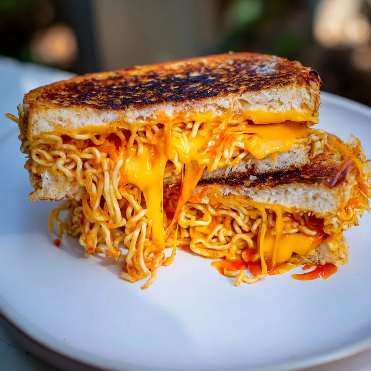 Golden, crispy Instant Ramen Grilled Cheese oozing melted cheddar for a delicious lunch.