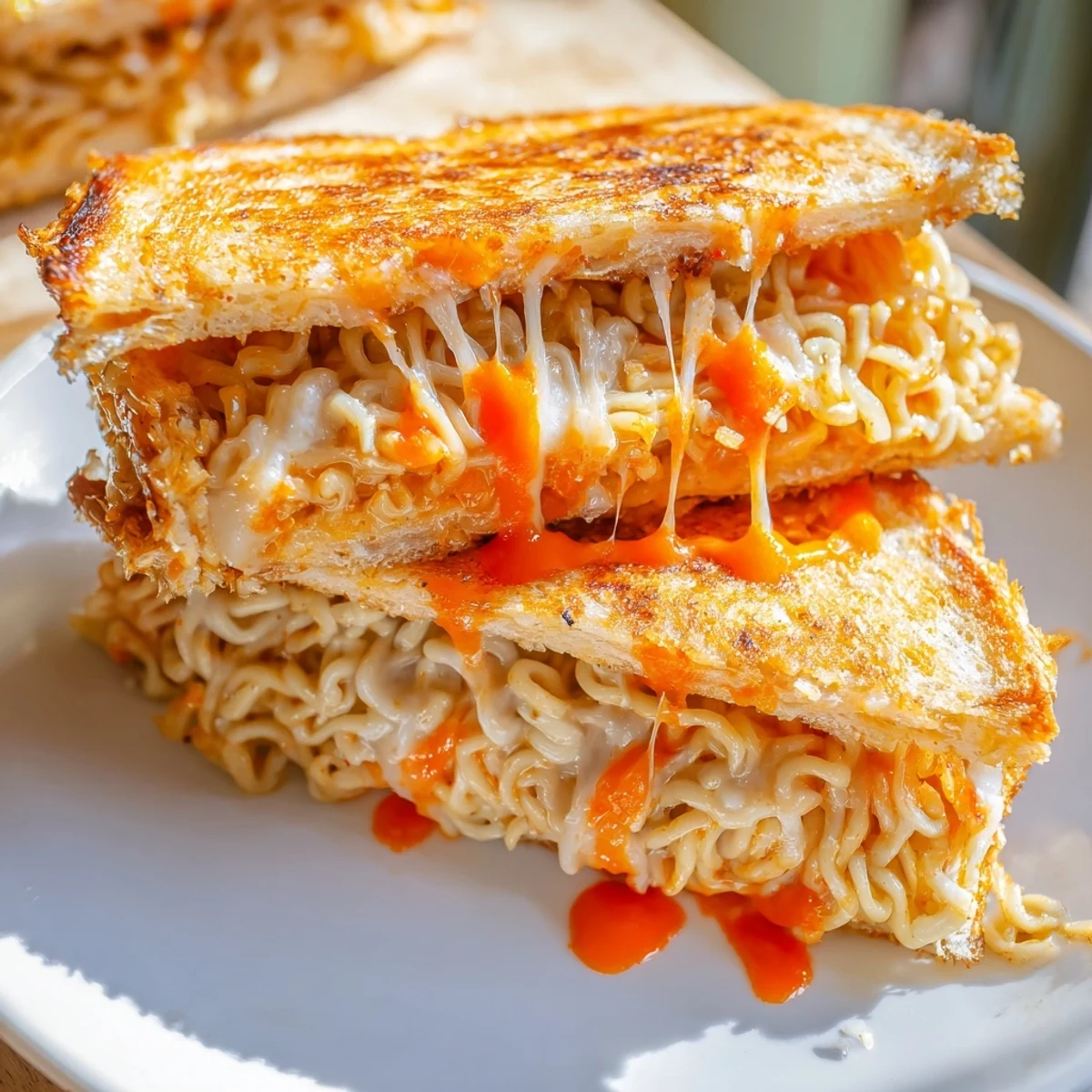 A close-up shot of the flavorful Instant Ramen Grilled Cheese, a quick and satisfying snack.