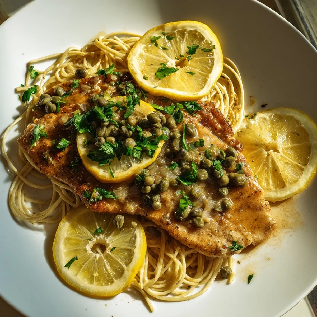 Golden, pan-seared chicken piccata pasta, topped with fresh parsley and a bright lemon sauce.