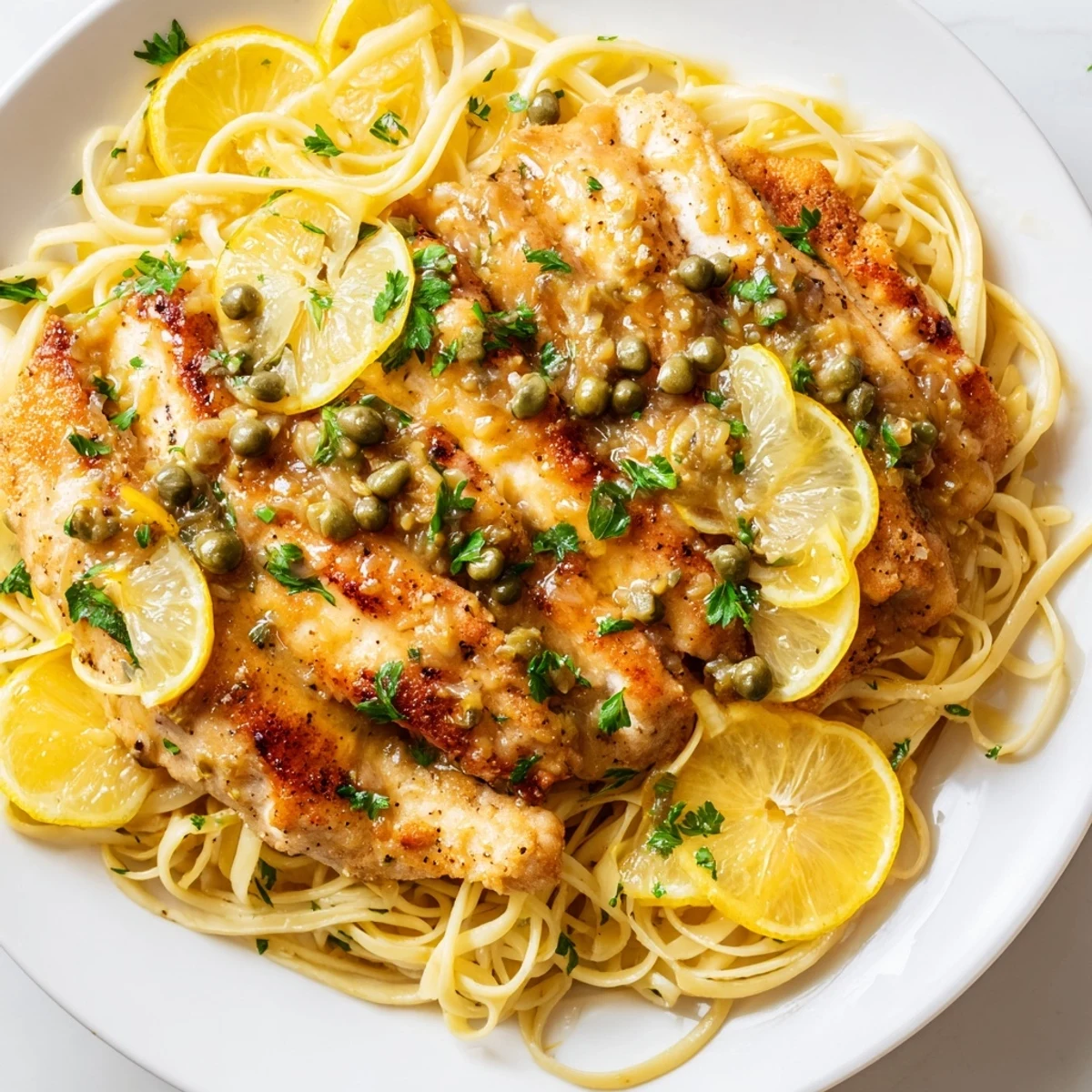 A close-up of quick chicken piccata pasta, showing delicious sauce drizzled over the perfectly cooked meal.