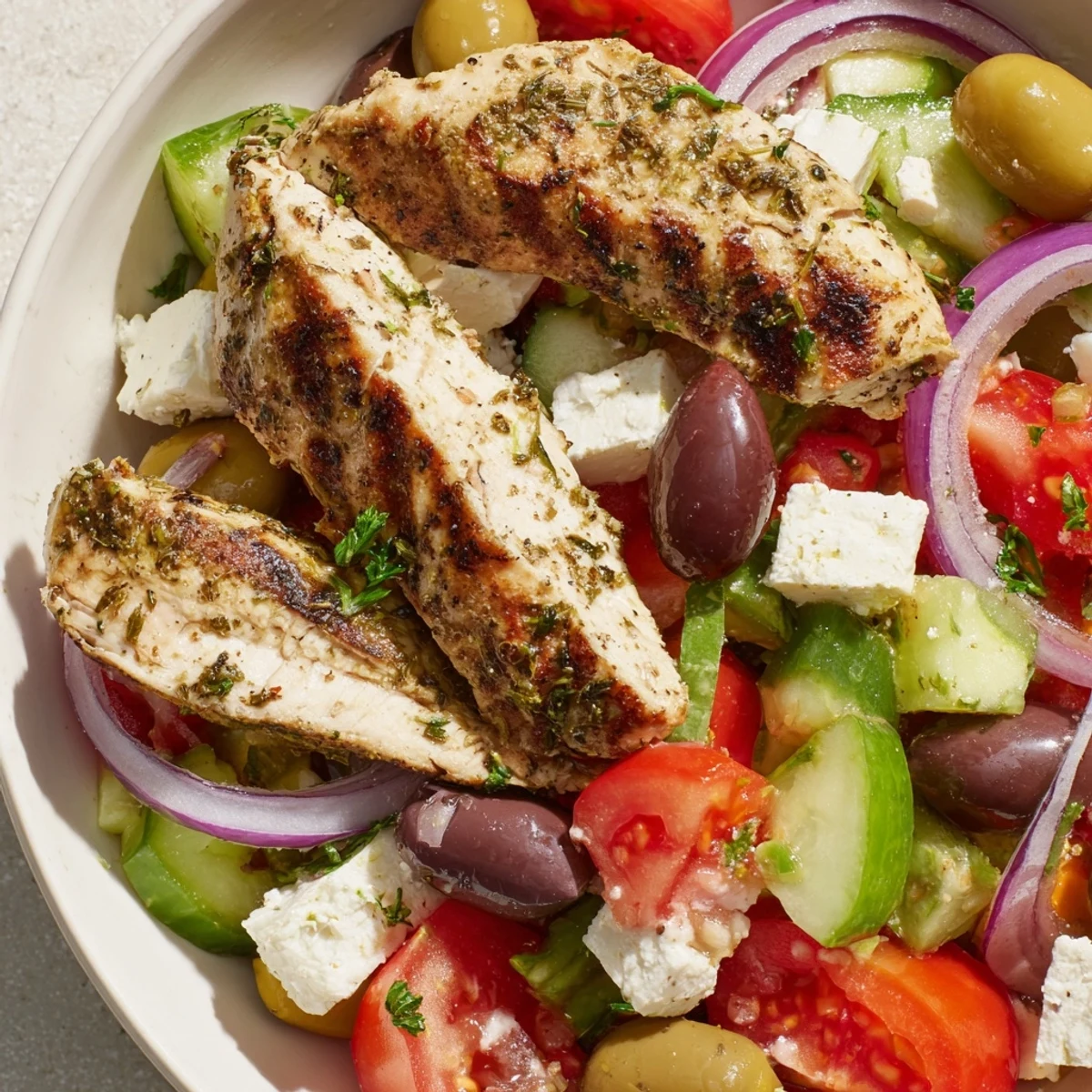 Tender grilled chicken tops this fresh Greek Salad, bursting with colorful, flavorful vegetables.