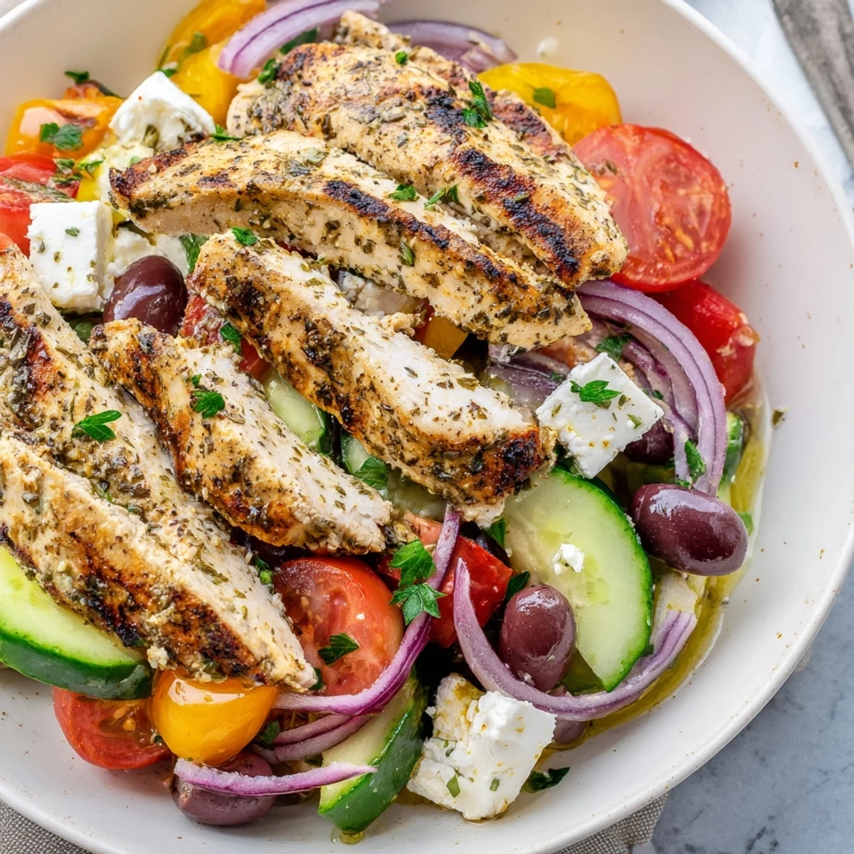 Bright, zesty Greek Salad tossed with grilled chicken, a Mediterranean delight with creamy feta cheese.