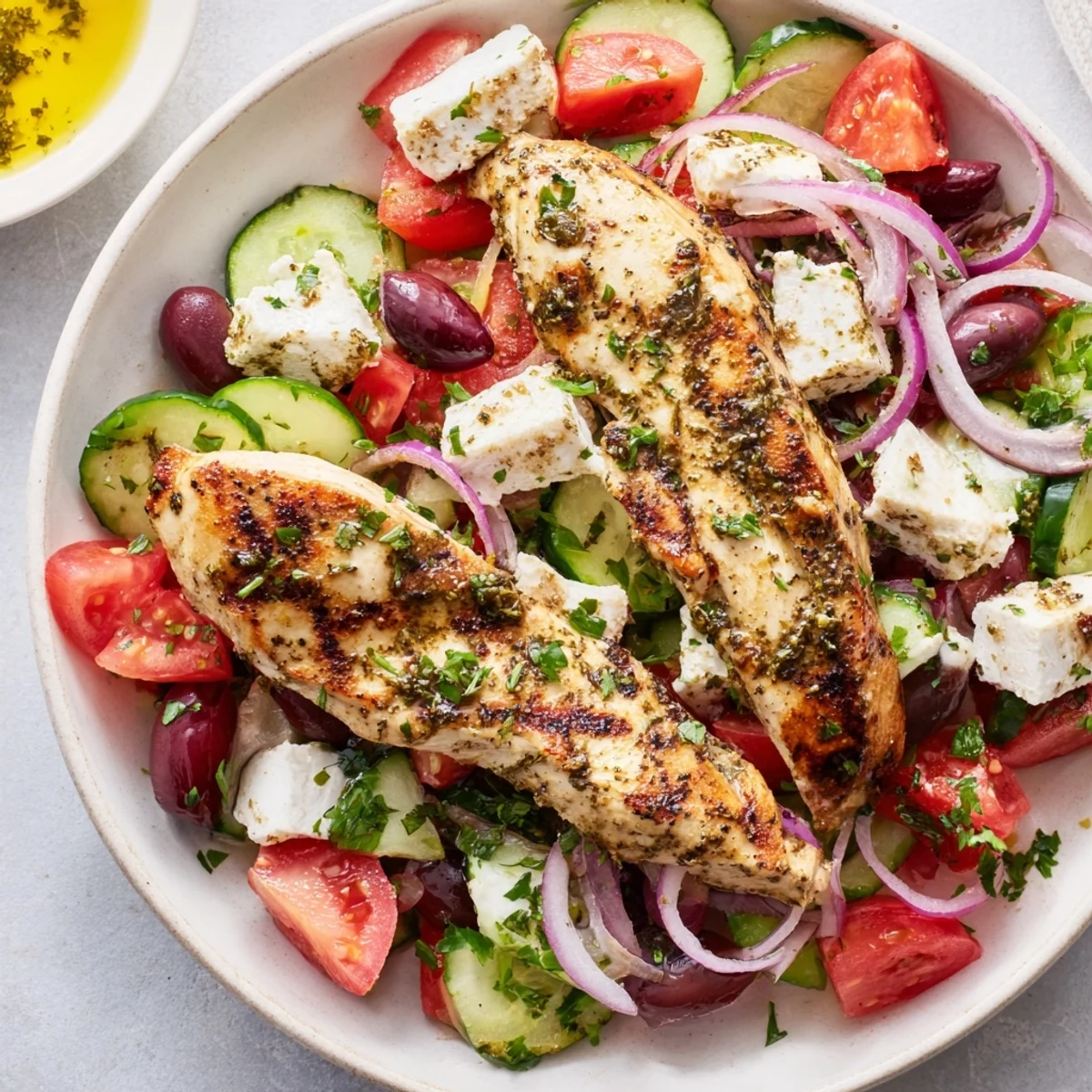 A light and healthy Greek Salad with grilled chicken, perfect for a summer lunch enjoyed outdoors.