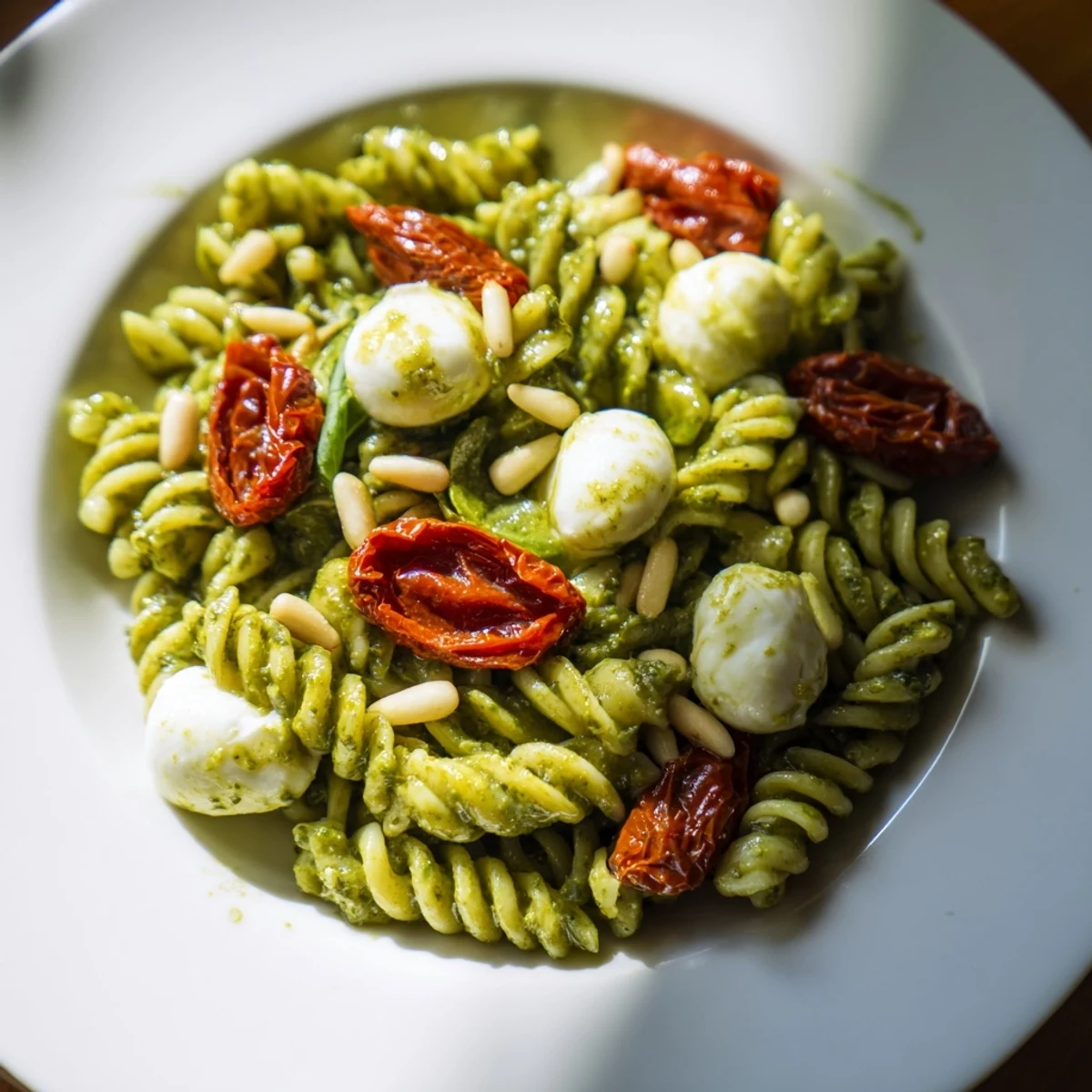 Bright Pesto Pasta Salad with sun-dried tomatoes and creamy mozzarella, a summer picnic delight.