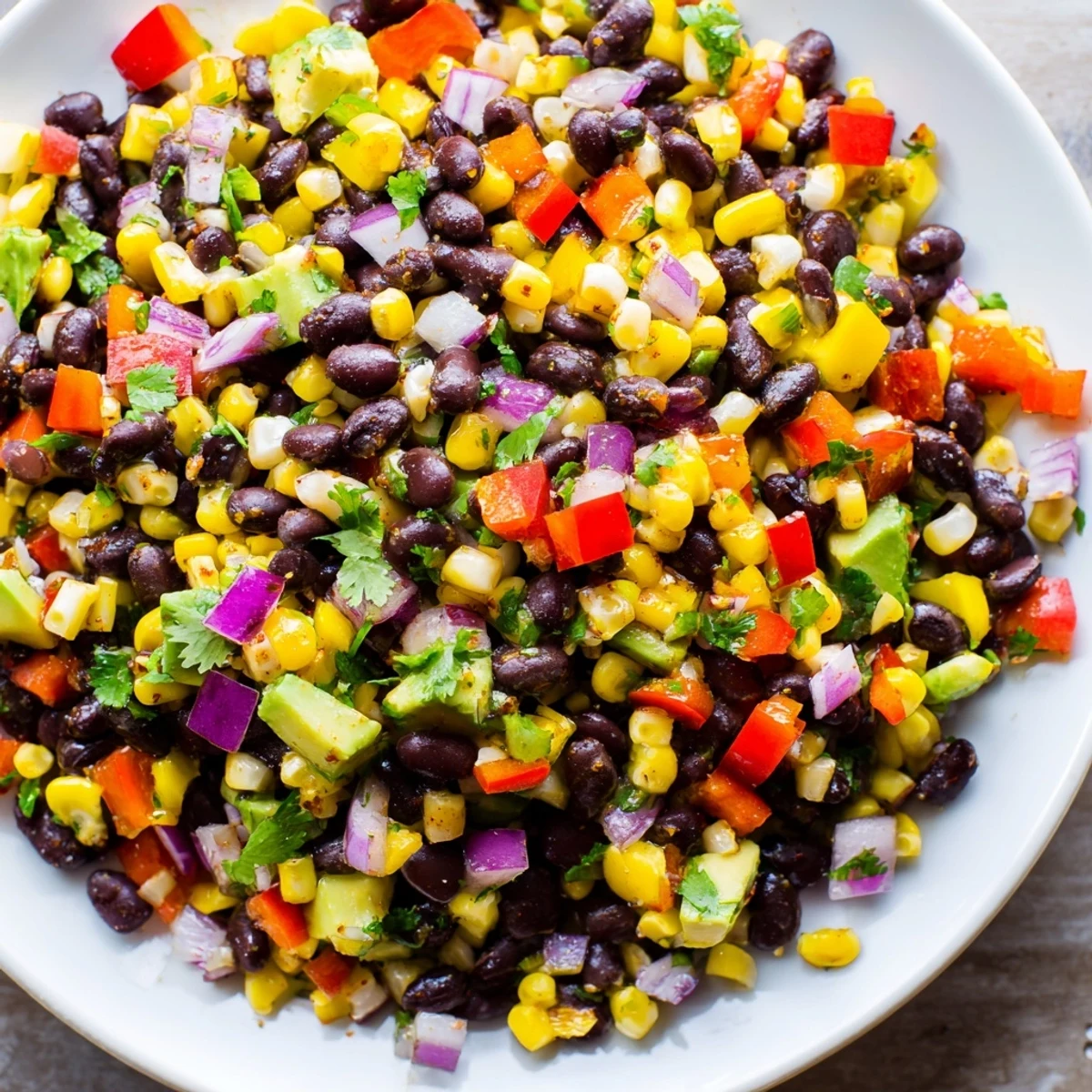 Close-up of a refreshing Southwest Black Bean Salad, bursting with fresh flavors and textures.