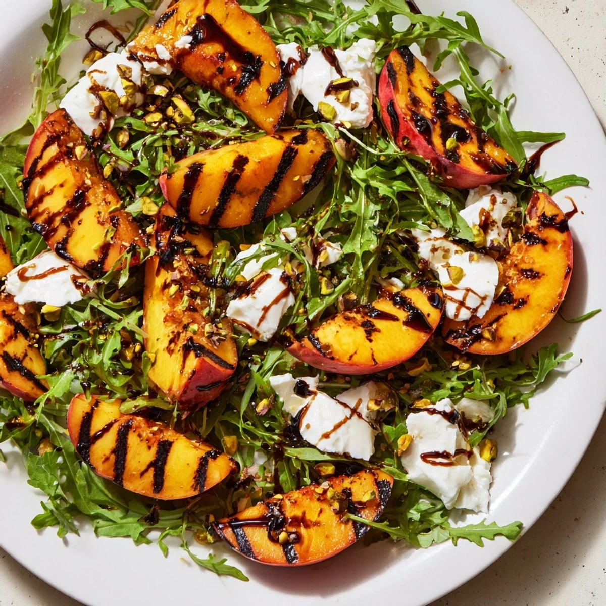 Grilled Peach Salad with charred peaches, burrata, and balsamic glaze, ready to enjoy.