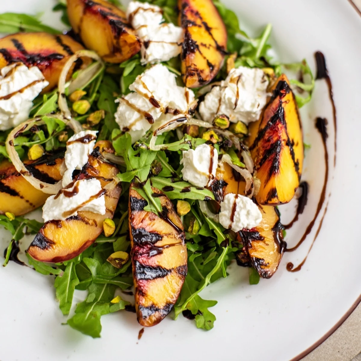 Fresh Grilled Peach Salad featuring peppery greens, creamy cheese, and glistening balsamic.