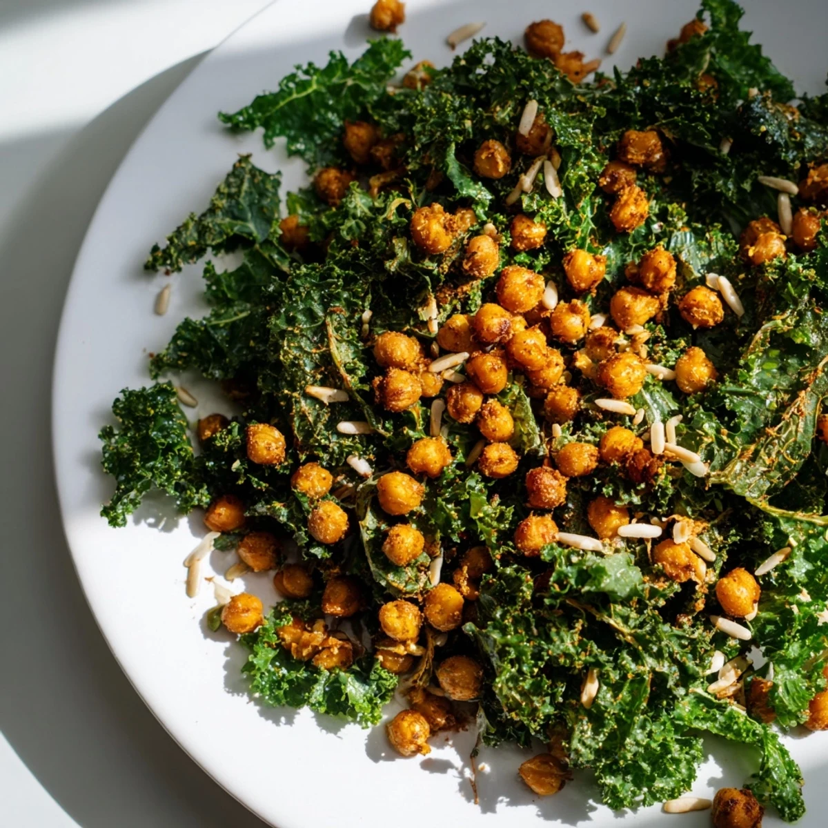Warm Kale Salad with Crispy Chickpeas, a colorful, hearty salad topped with golden, crunchy chickpeas.