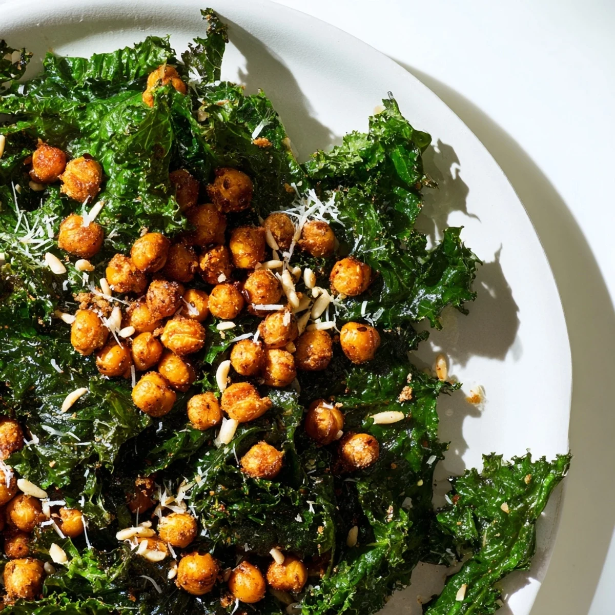 This Warm Kale Salad with Crispy Chickpeas presents a close-up view of roasted chickpeas atop greens drizzled with dressing.
