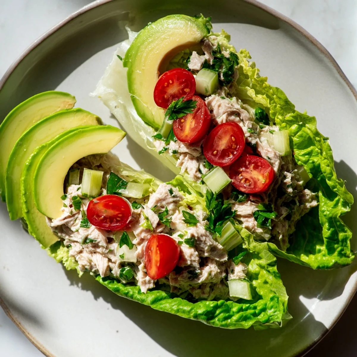Close-up view of creamy tuna salad nestled inside butter lettuce, ready for delicious Tuna Salad Lettuce Wraps.