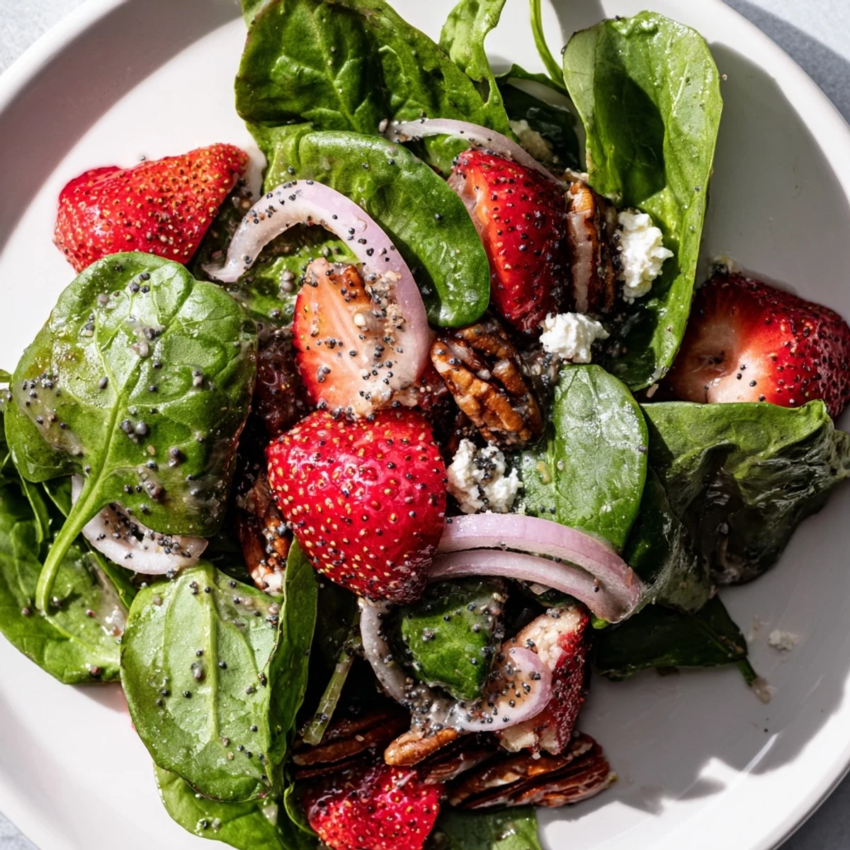 A close-up shot of a refreshing Strawberry Spinach Salad, perfect for summer entertaining with feta.