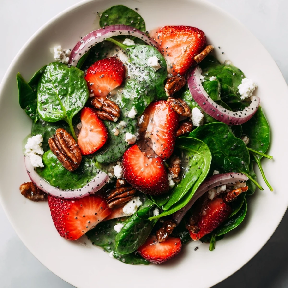 Vibrant Strawberry Spinach Salad with fresh berries, candied pecans, and creamy poppy seed dressing.