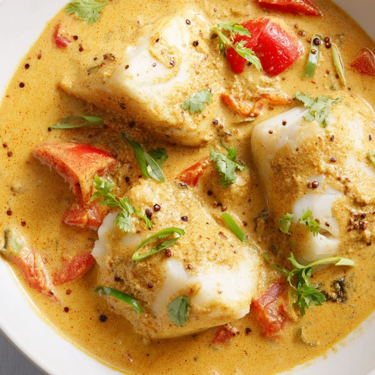 Tender white fish bathed in a rich, spiced Bahraini Fish Curry with a vibrant garnish of cilantro.