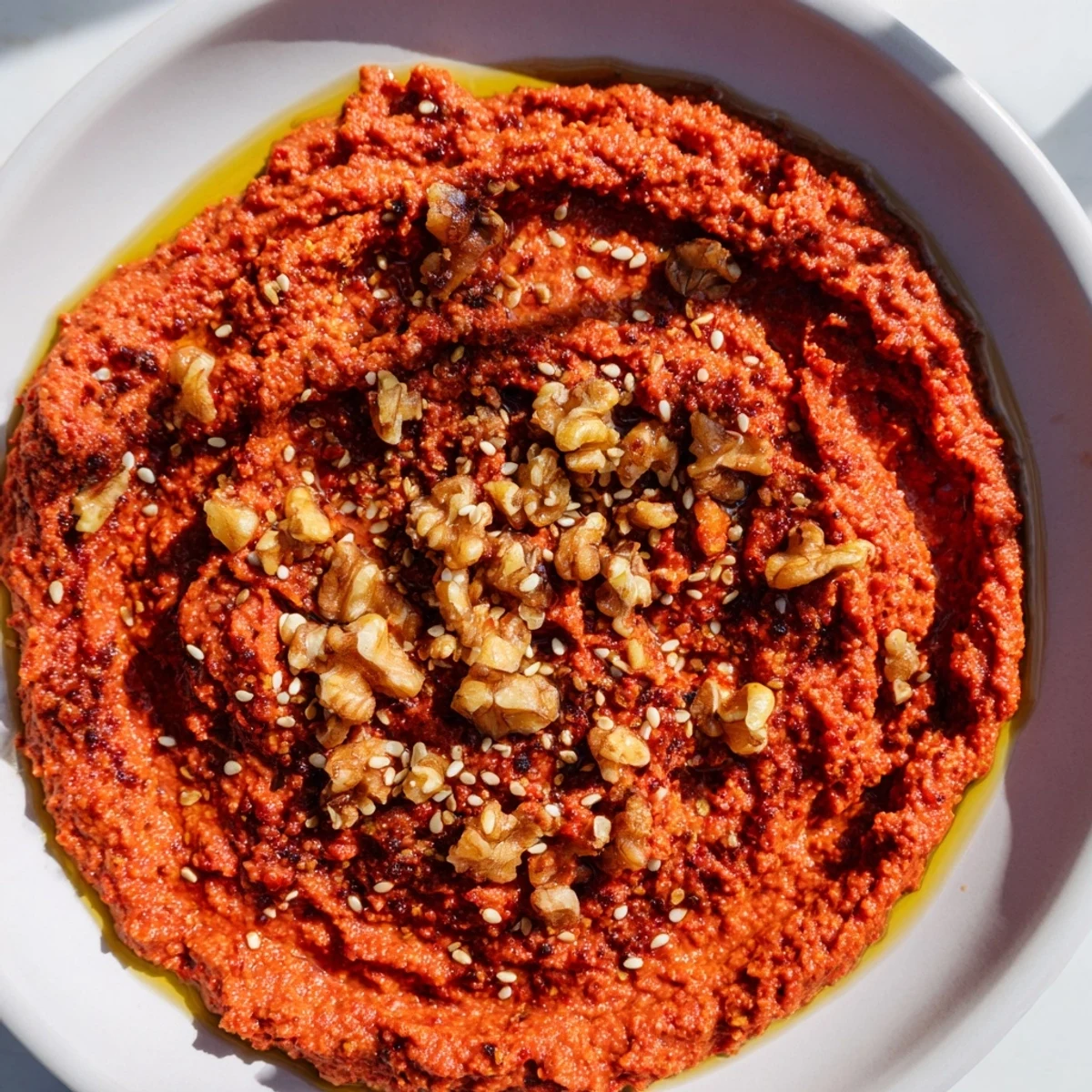 A creamy, textured bowl of Syrian Muhammara dip, ready to be scooped with pita bread.