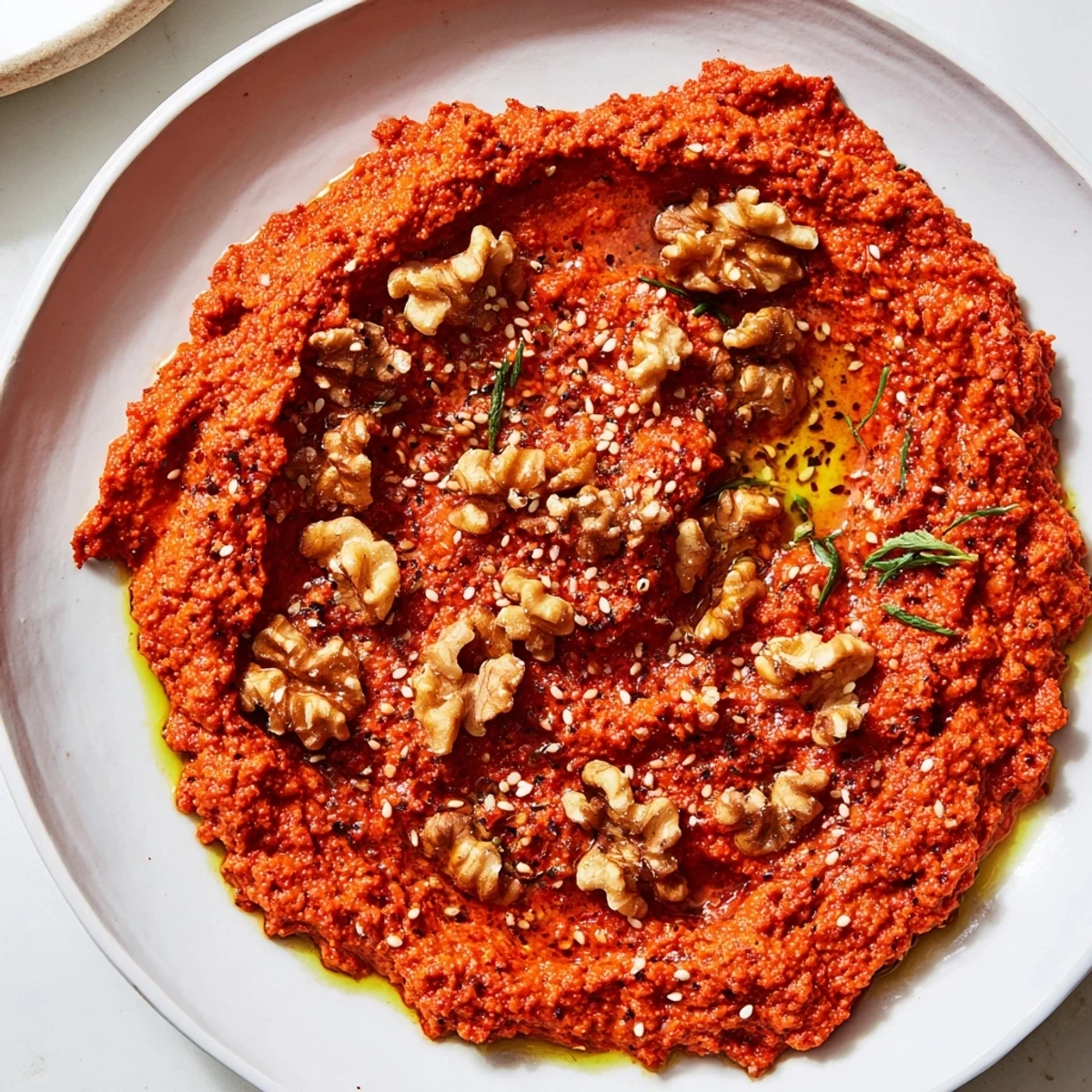 Vibrant red Syrian Muhammara with toasted walnuts and a drizzle of olive oil, perfect appetizer.