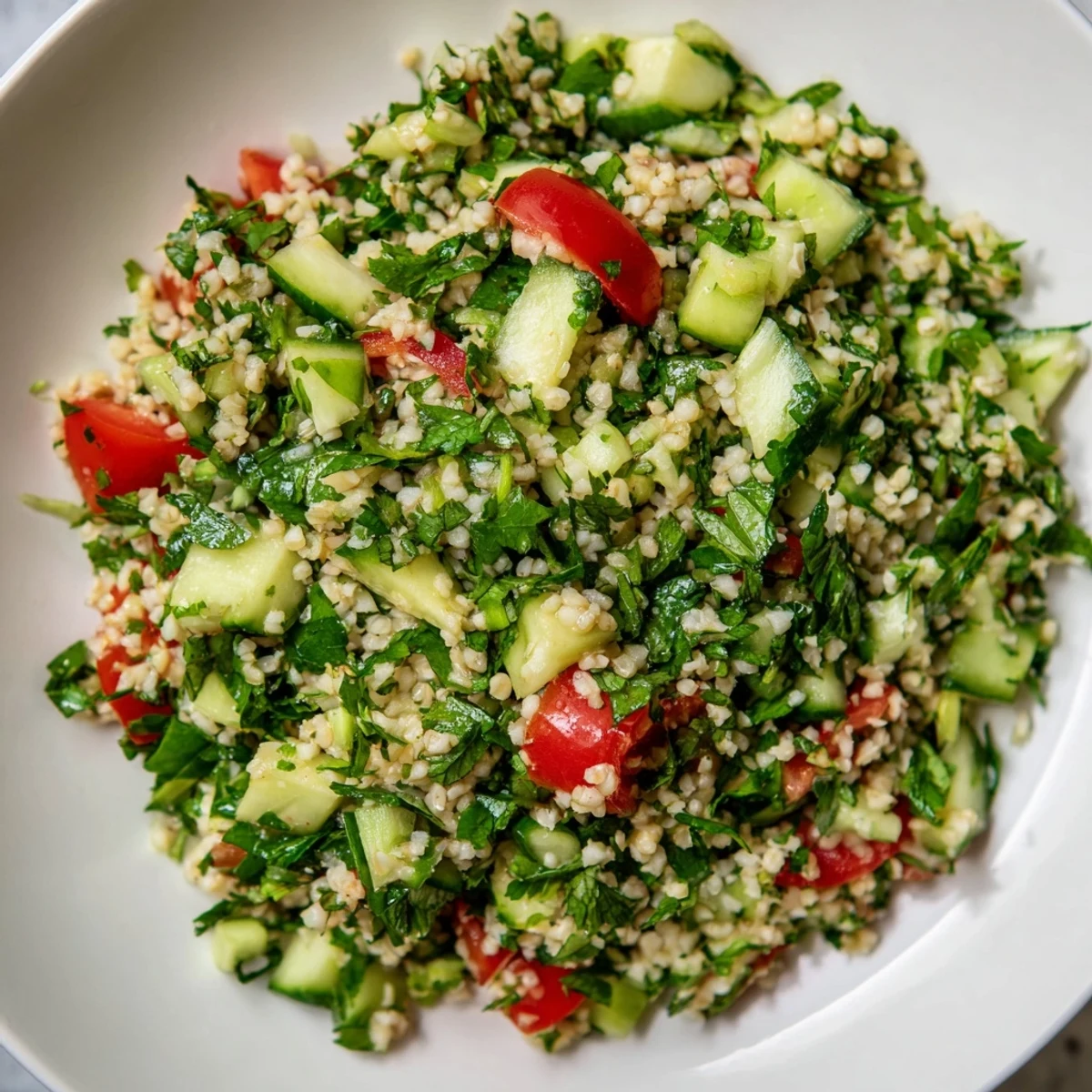 Freshly tossed Lebanese Tabbouleh Salad: imagine the bright colors and zesty lemon dressing.