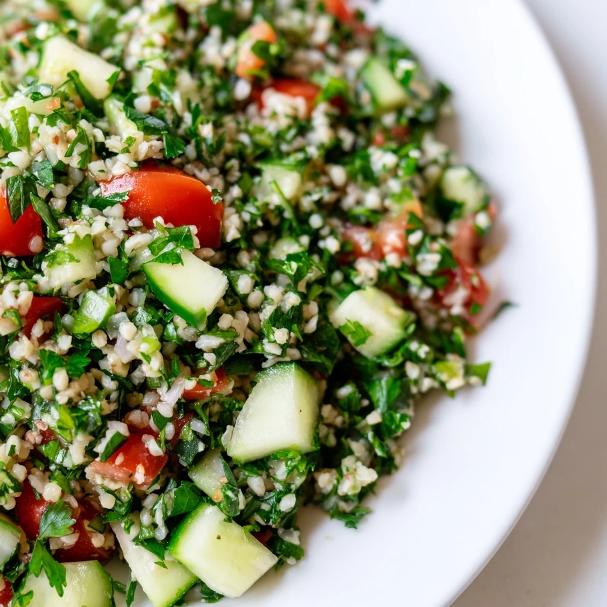 A bowl of delicious Lebanese Tabbouleh Salad, ready to eat with a burst of flavor in every bite.