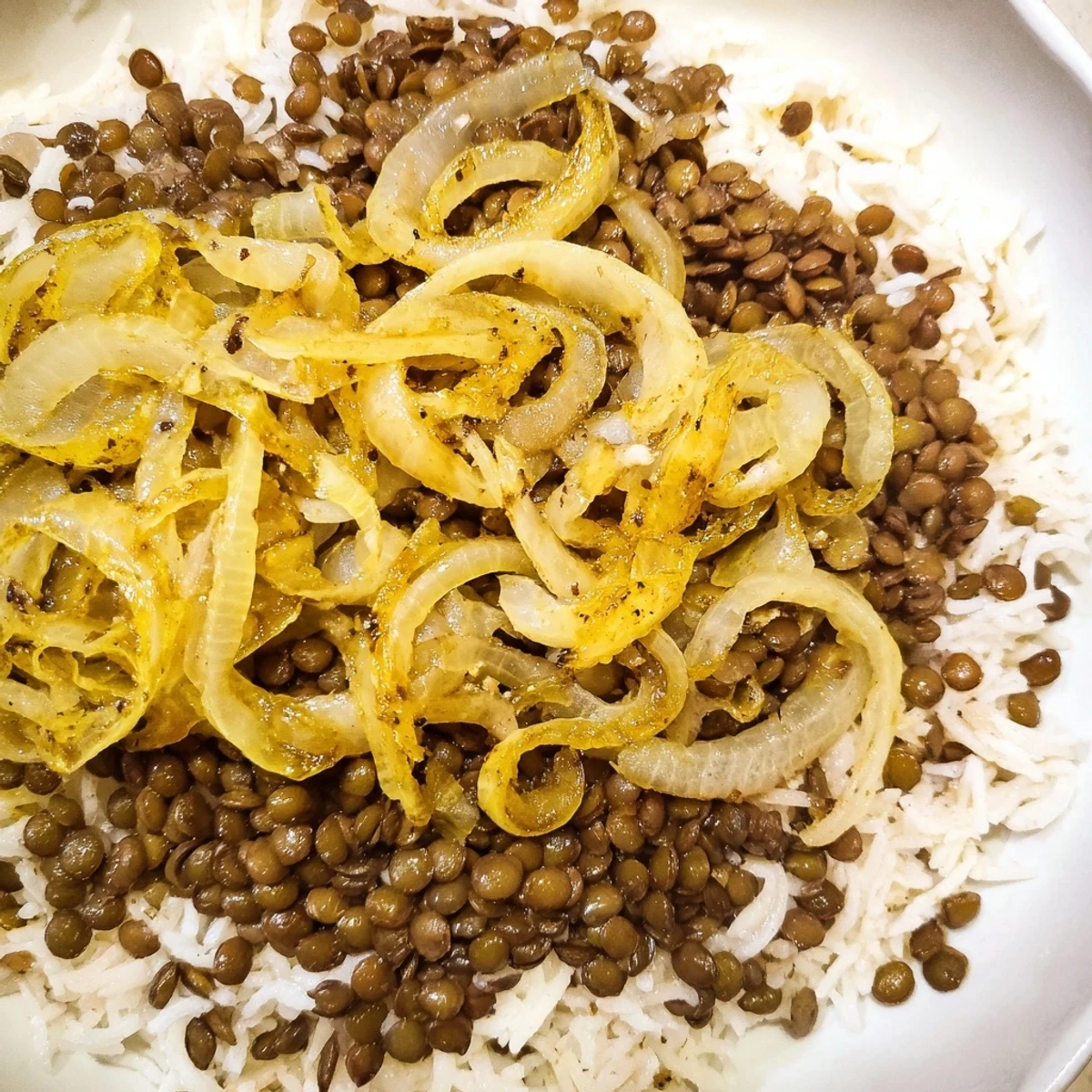 Steamy bowl of Lebanese Mjadra, lentils and rice, glistening with sweet caramelized onions, ready to eat.