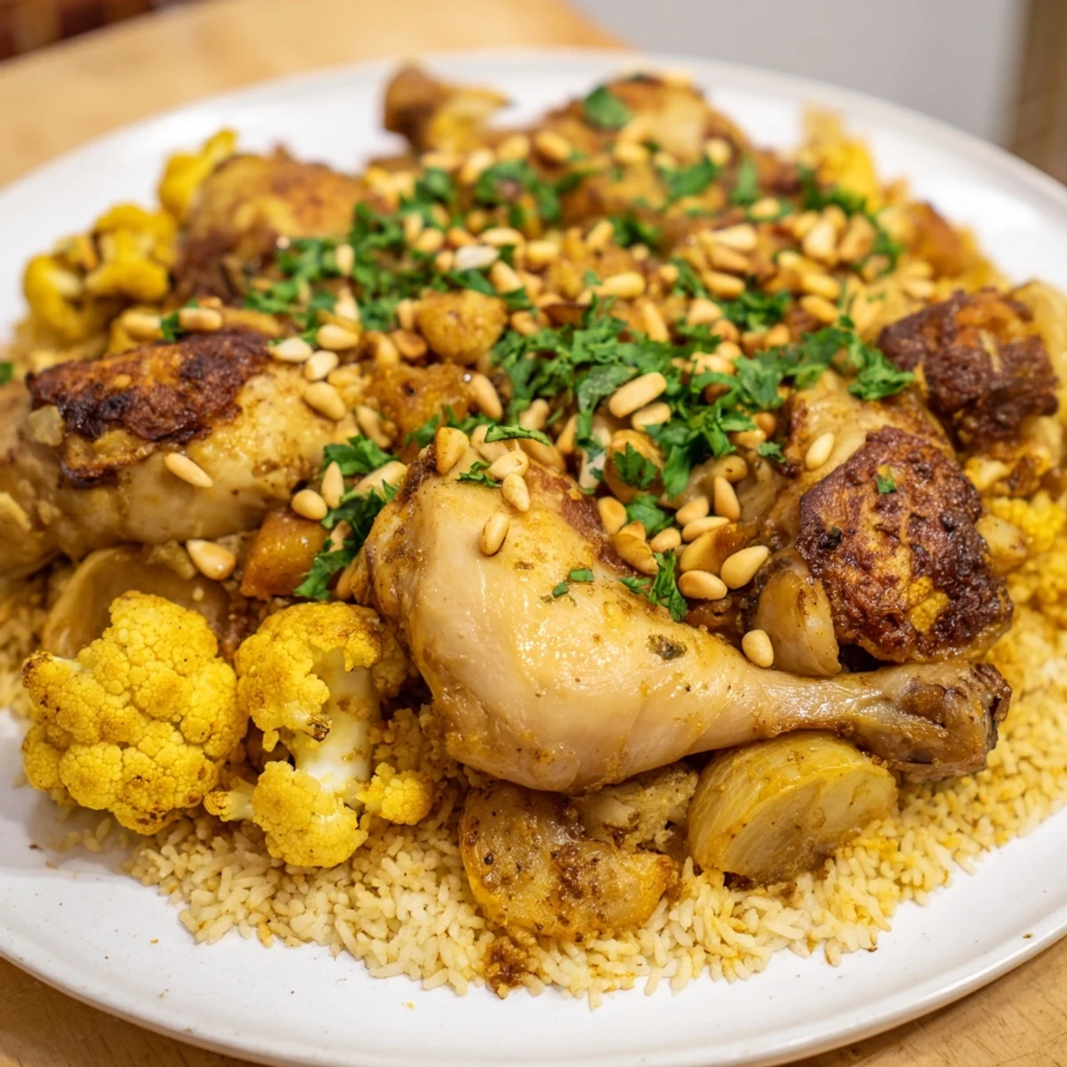 Golden cauliflower and layered chicken in this stunning Maklouba, a delicious Palestinian dish.