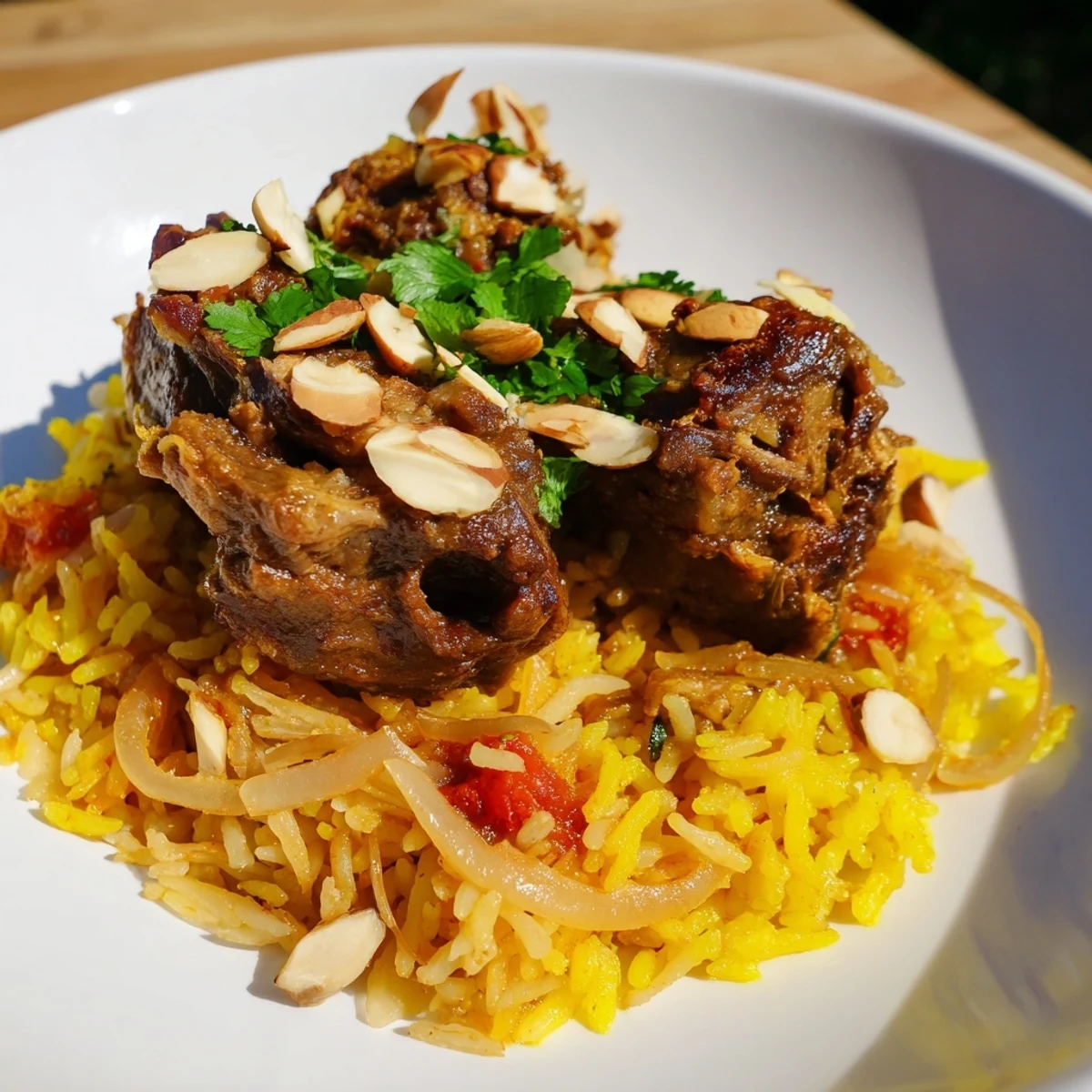 Close-up of a plated Qatari Majboos, the rich spiced broth soaking into the basmati rice.