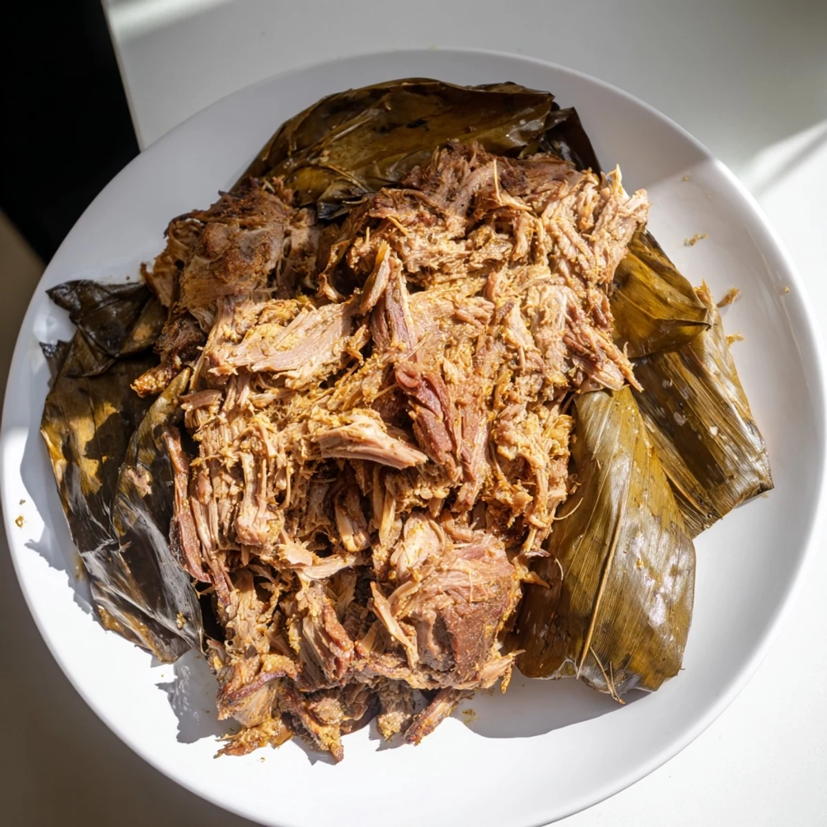 Tender Omani Shuwa, fall-apart lamb slow-cooked with aromatic spices in banana leaves, ready to serve.