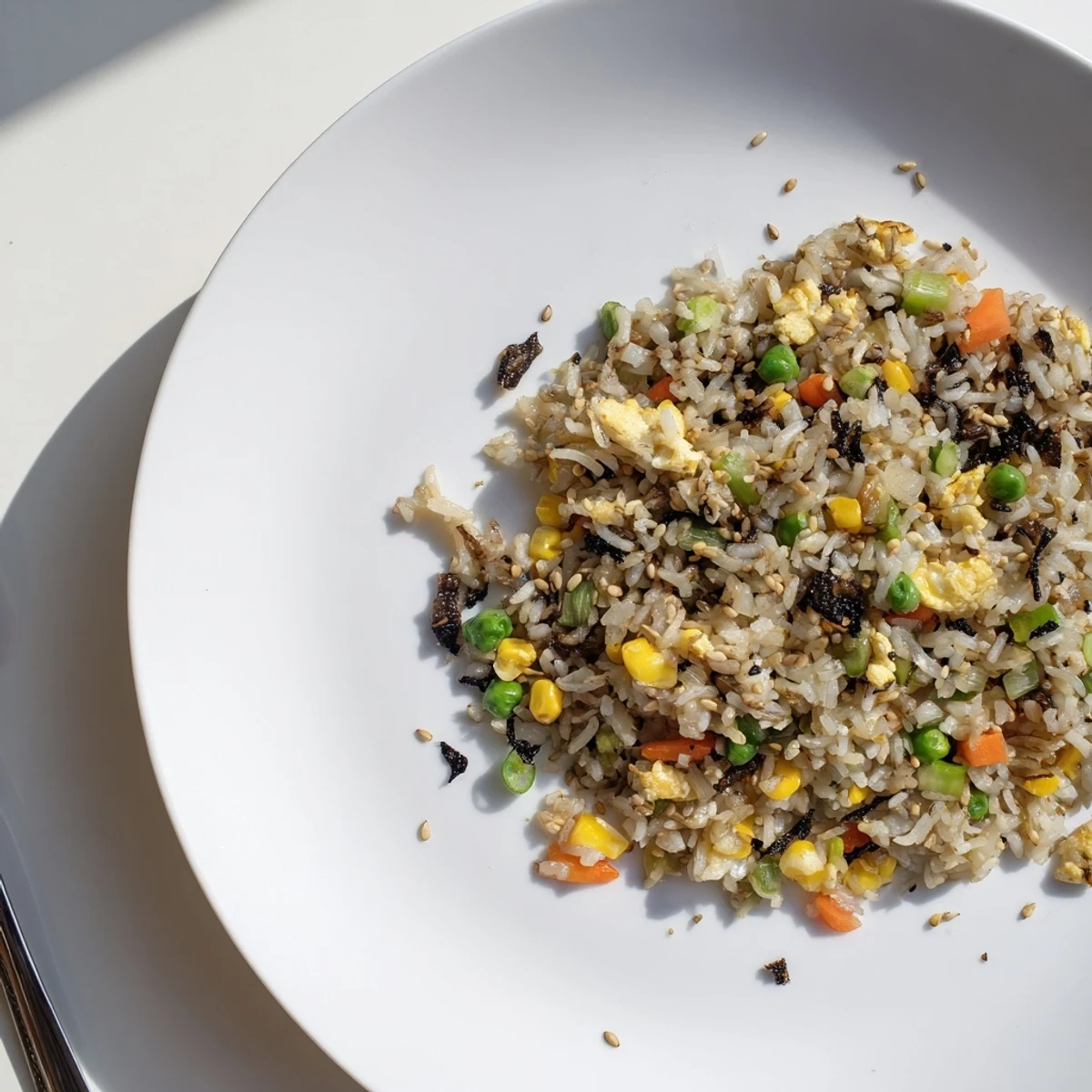 Golden-brown Black Garlic Fried Rice glistens with sesame oil, served in a white bowl with chopped scallions and a side of kimchi.  