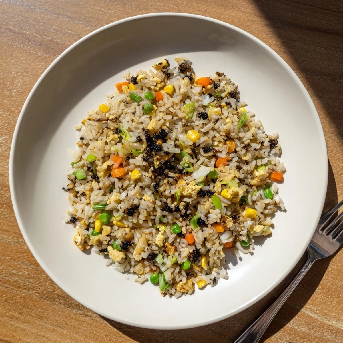 Hearty Black Garlic Fried Rice sizzles in a wok, featuring caramelized onions and vibrant peas, carrots, and corn for a savory meal.