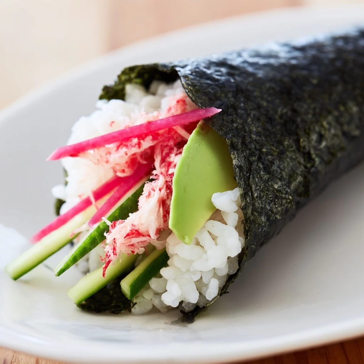 Hand-held sushi rice hand rolls filled with creamy avocado, crisp cucumber, and shredded crab wrapped in nori.