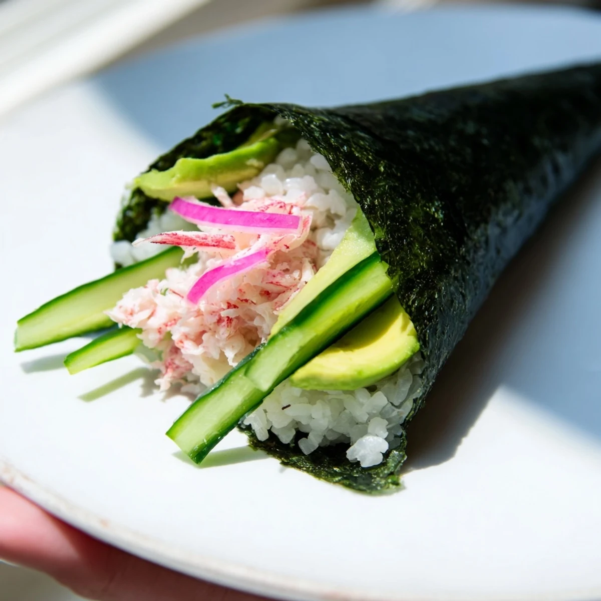 A close-up of freshly rolled sushi rice hand rolls with avocado, cucumber, and crab inside nori.