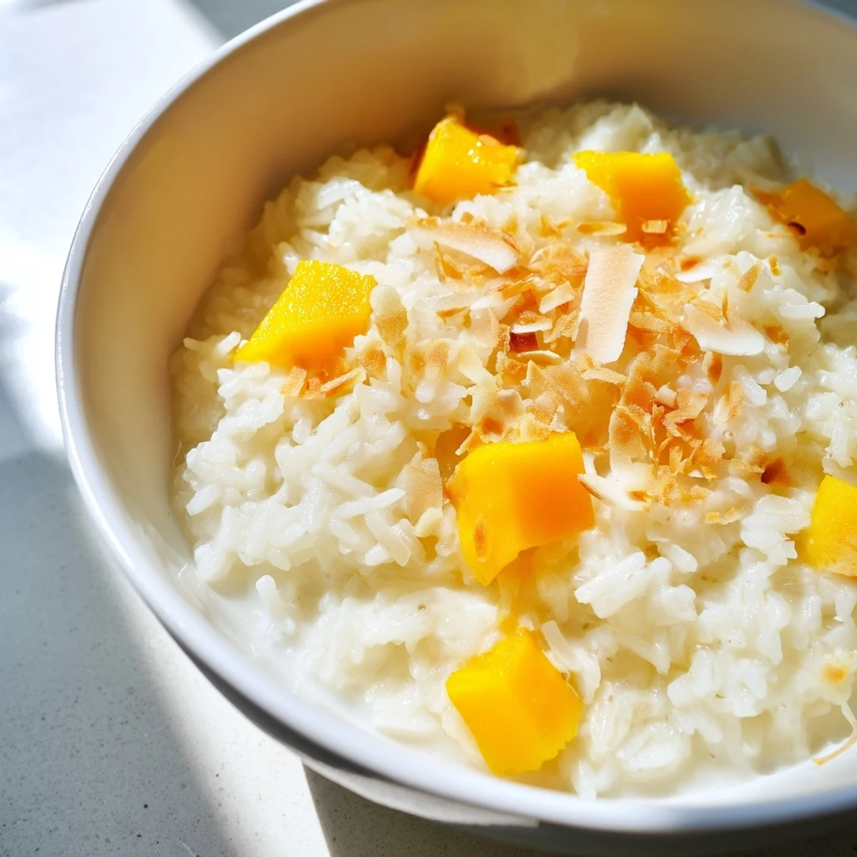 A bowl of warm Coconut Rice Sweet topped with toasted coconut flakes and fresh mango chunks.  