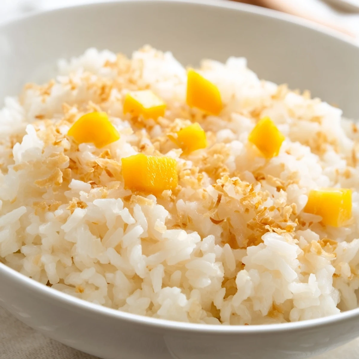 Fluffy Coconut Rice Sweet garnished with pineapple pieces and a drizzle of coconut milk.
