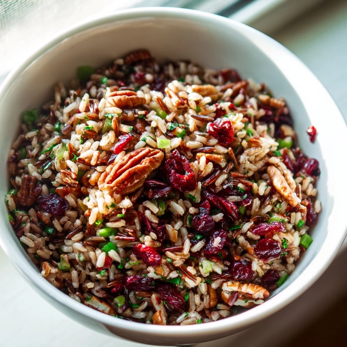 A close-up of Wild Rice Harvest Salad in a white bowl, featuring toasted pecans, dried cranberries, and fresh herbs tossed in a zesty apple cider vinaigrette.