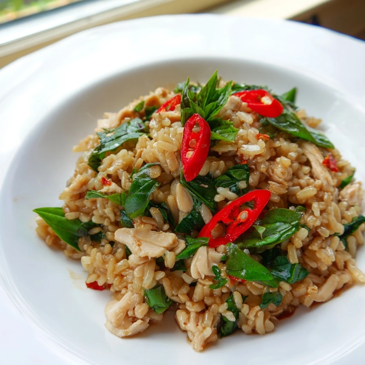 Thai Basil Chicken Fried Rice paired with crisp cucumber slices and fresh lime wedges on the side.