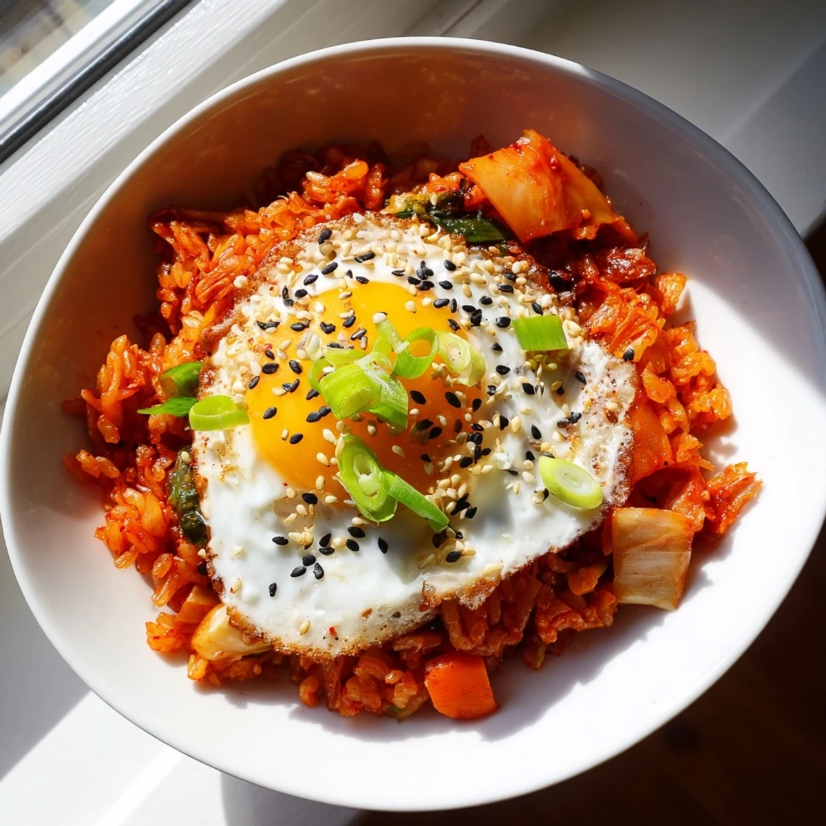 Sizzling kimchi fried rice in a hot wok, vibrant orange kimchi and green onions mingling with fluffy grains, topped with a golden fried egg.